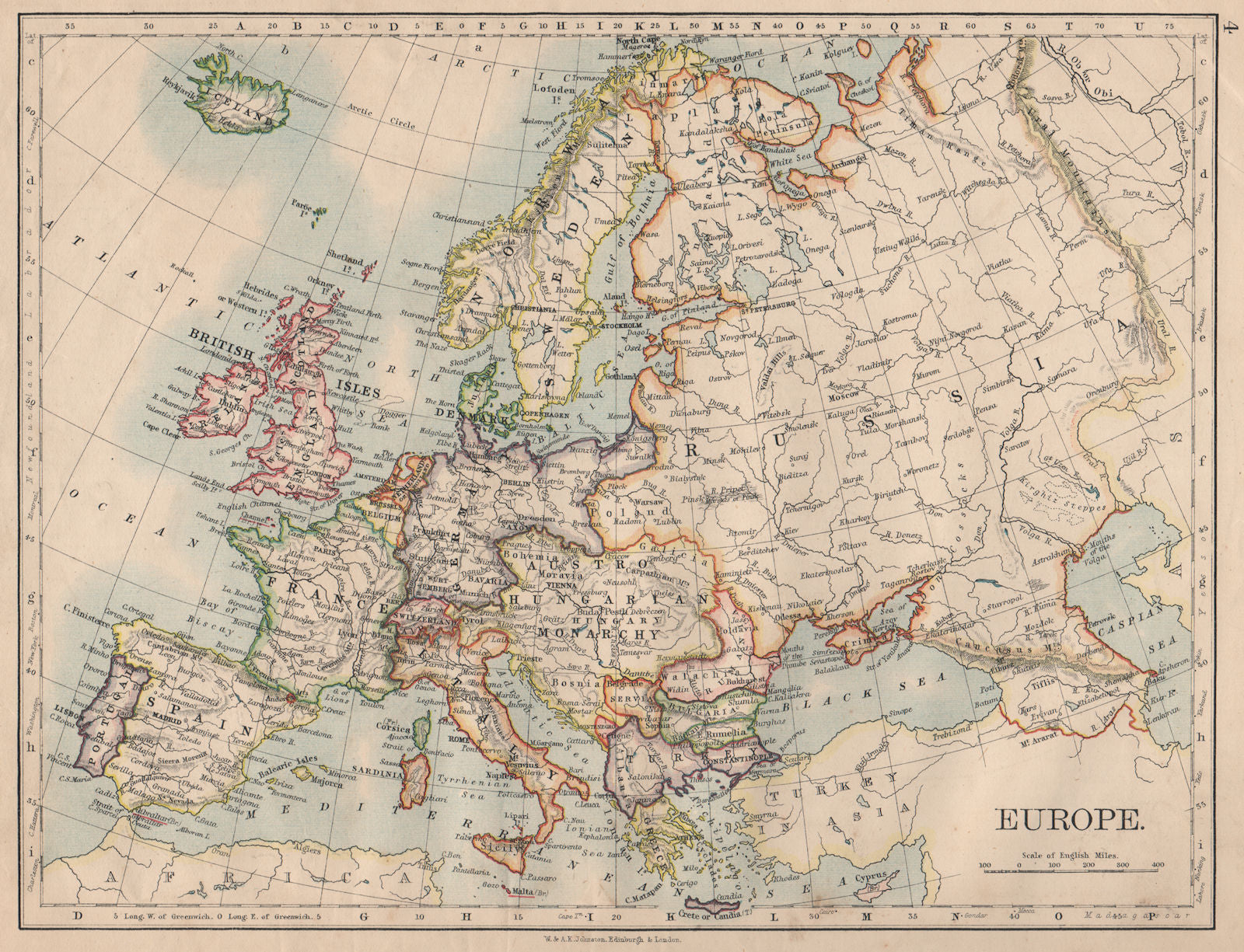 EUROPE POLITICAL. Austria-Hungary. United Sweden & Norway. JOHNSTON 1895 map